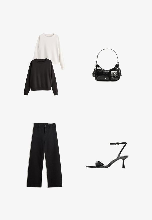 Zestaw dwóch bluz: jedna biała, druga czarna. Obie mają długie rękawy, okrągłe dekolty i miękką, bawełnianą fakturę.; Czarne dżinsowe spodnie o szerokich nogawkach i wysokim stanie, z przednimi i tylnymi kieszeniami, przeszyciami oraz zapięciem na guziki. Gładka struktura.; Bershka - Sandały na obcasie; Czarna torebka z lakierowanej skóry o zaokrąglonym kształcie, z jednym paskiem na ramię, przednimi kieszeniami i akcentami w kolorze srebrnym.