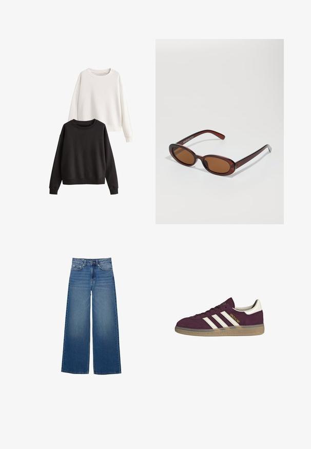 Set van twee sweaters: een witte en een zwarte. Beide hebben lange mouwen, ronde halslijnen en een zachte, katoenen textuur.; Wijde blauwe denim jeans met een hoge taille, gestikte accenten en een eenvoudig ontwerp met een lichte vervagingseffect.; Bordeauxsuède sneaker met witte drie strepen en beige accenten. Voorzien van een gestructureerde rubberen zool en gouden branding aan de zijkant.; Ronde, bruin getinte zonnebril met een glanzend bordeauxrood frame. Slanke pootjes met subtiele merkdetails. Vlakke lensontwerp.; Bruine geweven leren handtas met een slonzig, driehoekig model. Voorzien van een gevlochten handvat en een ritssluiting aan de bovenkant.
