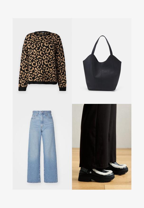 Melnā džemperis ar leoparda rakstu tan krāsā. Noapaļots kakla izgriezums un garas piedurknes ar ribu aprocēm un apakšmalu. Mīksta tekstūra.; Gaiši zili augstās jostas vidukļa platās bikses ar priekšējo pogu un rāvējslēdzēju, priekšējām un aizmugurējām kabatām uz baltā fona.; Melnas platformas kurpes ar baltu pūkainu apdari, noapaļu purngalu un siksniņu ar metālu pogu. Valkātas ar melnajām biksēm uz koka grīdas.; Melnas rokassomas, kas izgatavota no gludas ādas, ar izliekto atvērto augšu, divām plecu jostām un minimālistisku dizainu.