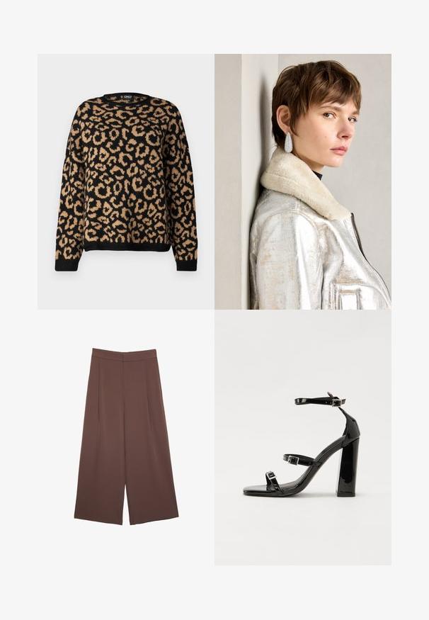 Schwarzer Pullover mit einem leopardenmuster in Beige. Rundhalsausschnitt und lange Ärmel mit gerippten Bündchen und Saum. Weiche Textur.; Braune Weite-Leg-Hosen mit einer glatten Textur, hoher Taille und Vorderfalten. Der Stoff ist leicht und fällt locker.; Schwarze patentierte Sandalen mit Absatz, quadratischer Spitze, Knöchelriemen und silbernen Schnallen. Mit einem stabilen Blockabsatz für mehr Stabilität.; Silberne metallische Lederjacke mit Schaffellkragen, mit Reißverschluss und strukturiertem Oberflächen. Große Tropfenohrringe mit klaren Edelsteinen.