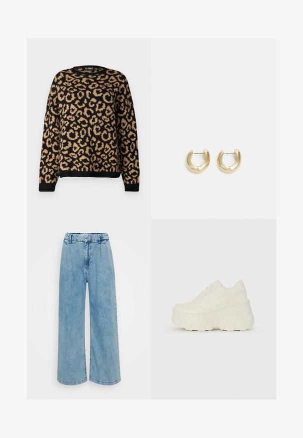 Black sweater featuring a leopard print pattern in tan. Rounded neckline and long sleeves with ribbed cuffs and hem. Soft texture.; Light blue denim wide-leg trousers with a high waistband, featuring pleats, a smooth texture, and finished hems.; White platform sneakers featuring a smooth leather-like upper, rounded shape, padded collar, and textured rubber sole with defined treads.; Gold-tone hoop earrings with a smooth, polished finish. Features a half-circle shape and a secure post closure.