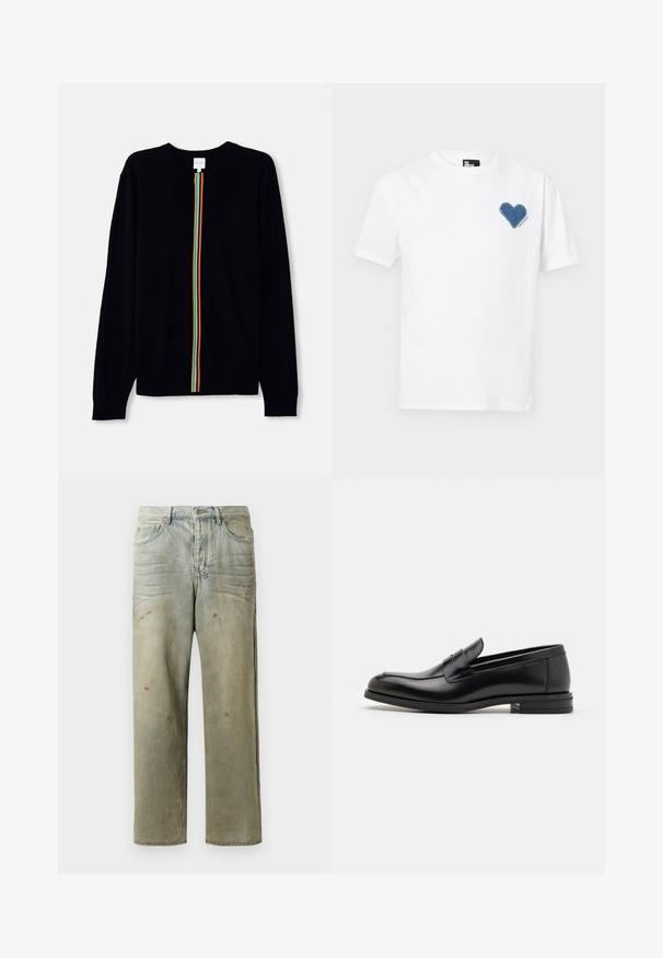 Black pullover sweater with long sleeves, featuring a central vertical stripe in rainbow colors. Soft knit material with ribbed cuffs.; White cotton t-shirt featuring a blue denim heart appliqué on the left chest. Short sleeves and a classic crew neckline.; Distressed denim jeans in light green, featuring a straight leg, five-pocket design, and uneven fading with paint splatters.; Black leather loafers with a smooth texture, rounded toe, and a decorative strap across the vamp. Low stacked heel, minimalist design.