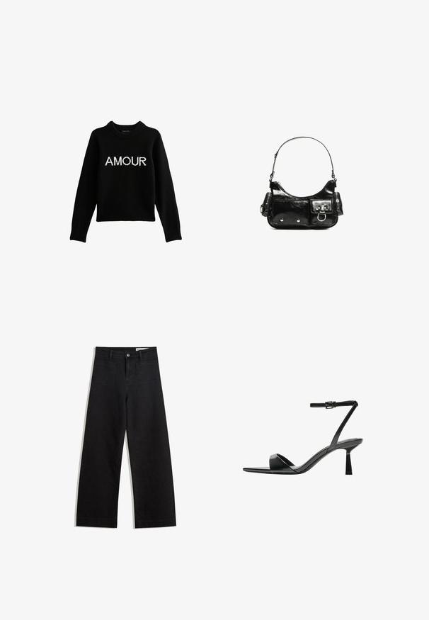 Zwarte gebreide trui met het woord "AMOUR" in witte letters op de voorkant, met een ronde halslijn en ribgebreide manchetten.; Zwarte denim broek met wijde pijpen en een hoge taille, voorzien van voor- en achterzakken, gestikte naden en een knoopsluiting. Gladde textuur.; Bershka Sandalen met hoge hak - black; Zwarte laarzen in lakleer met een gebogen vorm, één schouderband, voorvakken en accenten in zilverkleurig metaal.