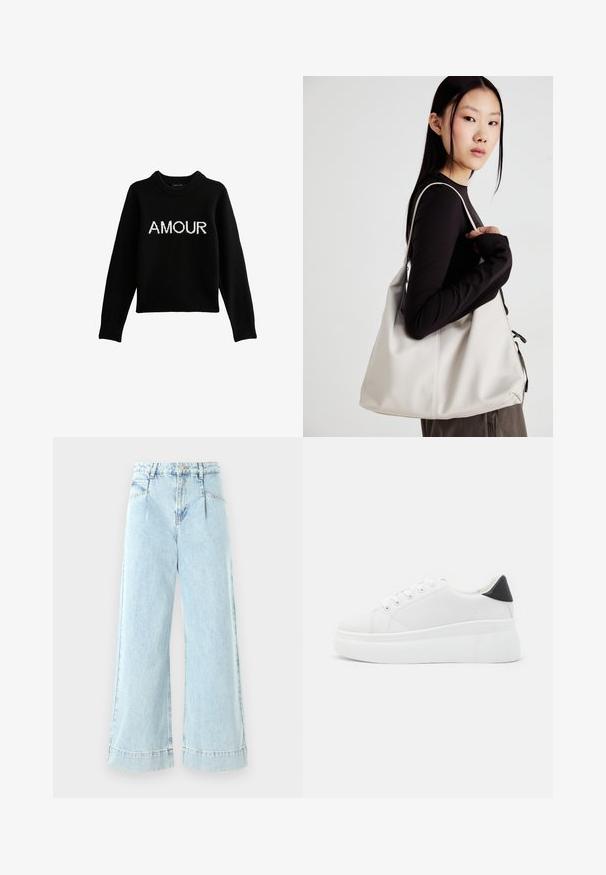 Zwarte gebreide trui met het woord "AMOUR" in witte letters op de voorkant, met een ronde halslijn en ribgebreide manchetten.; Lichtblauwe wijde jeans gemaakt van denim, met een hoge taille, voorzakken en gestikte accenten aan de zoom.; Witte platform sneakers van glad synthetisch materiaal, met een afgeronde neus, vetersluiting en een gestructureerde rubberen zool. Zwarte hielaccent.; Beige handtas gemaakt van zacht materiaal, met een slonzig ontwerp, gestikte details en twee schouderbanden. Geschikt voor dagelijks gebruik.