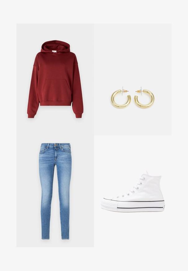 Gina Tricot BASIC ORIGINAL HOODIE - Camisola - dark red; Camisa de veludo cotelê azul-marinho com frente abotoada, colarinho e mangas a três quartos. Apresenta uma bainha com estilo peplum e uma textura suave.; Jeans de ganga azul claro, slim-fit, com cintura média, botão frontal e design de cinco bolsos.; Sapatilha alta de tela branca com sola de borracha preta, bico de borracha na frente e seis ilhós para os atacadores, apresentando um design limpo e minimalista.; Brincos em argola dourados com um acabamento liso e brilhante. Design circular com um pequeno pino e suporte transparente para um uso seguro.
