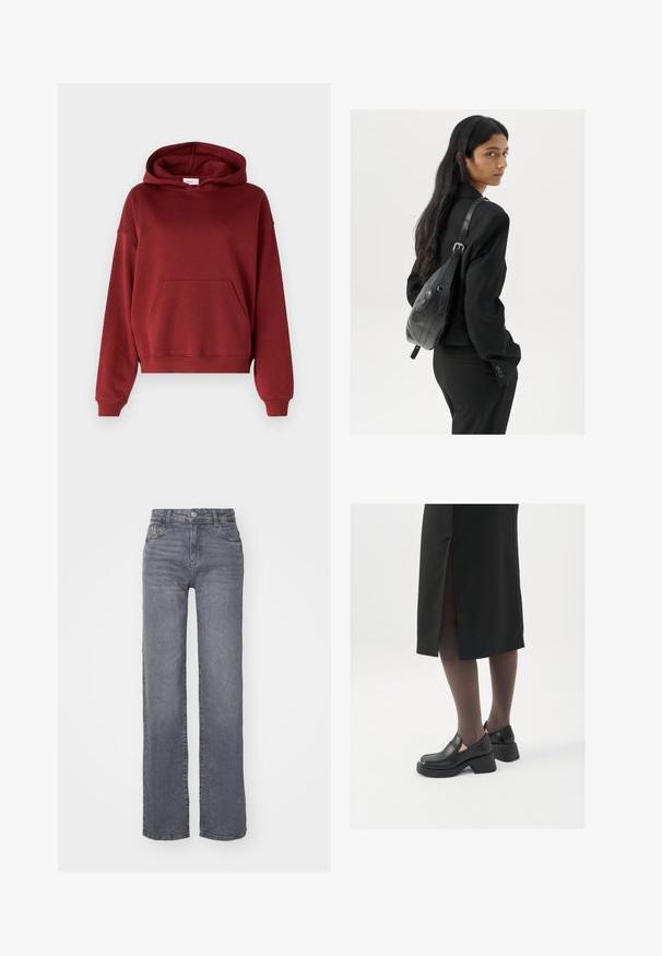 Gina Tricot BASIC ORIGINAL HOODIE - Sportinis megztinis - dark red; Pilkos plačios kojų džinsai pagaminti iš lygaus džinsinio audinio, su mygtuko ir užtrauktuko uždarymu bei penkiomis kišenėmis.; Juodos odinės bateliai su apvaliu nosiu, stora blokine pakulne ir elastingais šonais, derinami su tamsiomis pėdkelnėmis ir juoda sijonu su plyšiu.; Moteris su ilgais tamsiais plaukais, vilkinti juodą kostiumą, nešanti juodą odinę rankinę per petį, žvelgia per petį prieš balto fono.