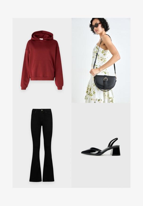 Gina Tricot BASIC ORIGINAL HOODIE - Športni pulover - dark red; Črne visokotopne kavbojke z gumbom in zadrgo, sprednjimi žepi in razširjenimi hlačnicami, poleg bel background.; Črne lakirane slingback pete s koničastim nosom in geometrijsko blokasto peto. Imajo eleganten, minimalističen dizajn in gladko teksturo.; Črna usnjena torbica s ukrivljeno obliko, z odstranljivo naramnico in zlatimi dodatki. Torbica ima pokrov s podrobnostmi v obliki zaponke.