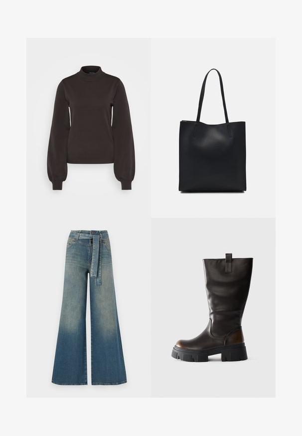 Vero Moda Tall VMMERCURY HIGHNECK - Pulover - chocolate torte; Široke jeans hlače z gradientom od svetlo do temno modre, visokim pasom, zankami za pas in pasom iz istega materiala. Tekstura denim končnica.; Visok črn usnjen škornj z robustnim črnim podplatom in rjavim akcentom na peti, stranski pogled na svetlo sivi ozadju.; Črna usnjena torba s svilnato teksturo, pravokotne oblike in dvema dolgima ročajema. Brez vidnih metalnih delov ali okrasnih elementov.
