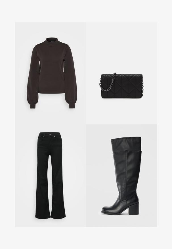 Vero Moda Tall VMMERCURY HIGHNECK - Džemper - chocolate torte; Mustad laiad teksapüksid, valmistatud denimist, kõrge vöökoht, viis taskut ja metallist nööpkinnitus. Sujuv tekstuur väheste detailidega.; Põlvini mustad nahast saapad, millel on plokknöör, sile tekstuur ja õmblusdetailid külgedel. Lihtne ja kaasaegne disain.; Tikandatud must käekott sujuva naha viimistlusega, millel on kett rihm ja geomeetrilised rombimustrid pinnal.