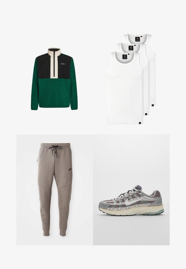 Pullover in pile verde e nero con colletto alto, zip parziale frontale e logo. Presenta colori solidi e una texture morbida in tutto il capo.; Tre canotte bianche a coste in cotone. Presentano un colletto rotondo e piccole etichette nere vicino all'orlo. Disponibile in diverse taglie.; Pantaloni sportivi Nike grigi con cintura regolabile, gambe affusolate, tasche laterali e dettagli di cucitura distintivi. Tessuto morbido e texture.; Scarpa sportiva grigia con tomaia in mesh e suede, dettagli bianchi, suola ammortizzata e un design distintivo con elementi riflettenti.