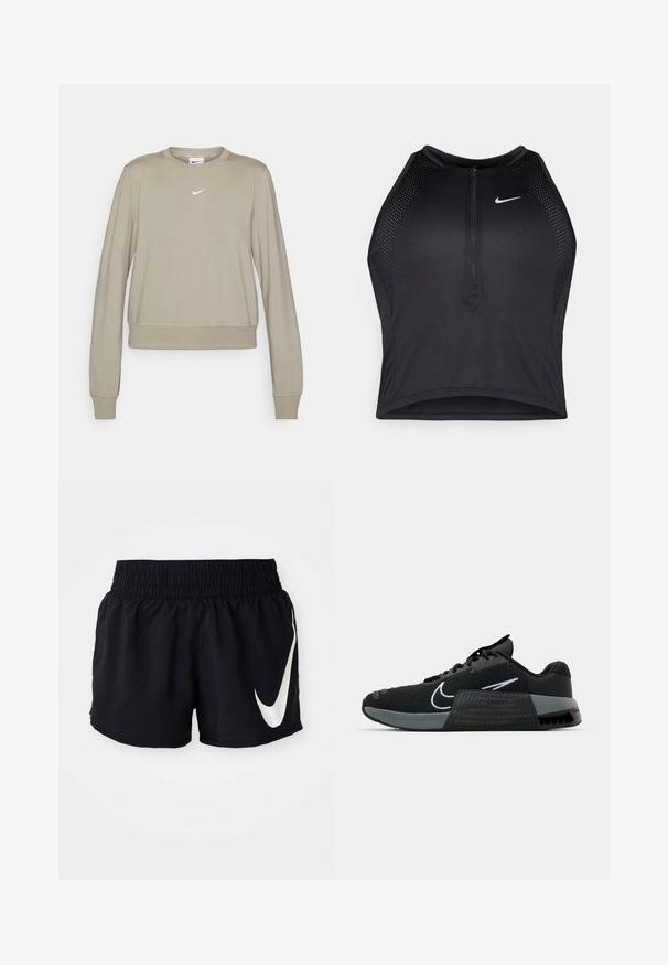 Svetlo bež Nike sweatshirt z dolgimi rokavi, krojnim ovratnikom in subtilnim belim logotipom na prsih. Mehka tkanina z sproščenim krojem.; Črn atletski kratki top z zadrgo spredaj, mrežastimi dodatki in prilegajočim dizajnom. Narejen iz raztegljivega, zračnega materiala. Logotip Nike spredaj.; Črne športne kratke hlače z elastičnim pasom, ki imajo na sprednji strani velik bel Nike znak in gladek, lahek material.; Črne športne copate z mrežastim zgornjim delom, s sivimi poudarki in teksturirano srednjo podplato. Imajo izrazit logotip in vezalni sistem. Gumijasti podplat za oprijem.