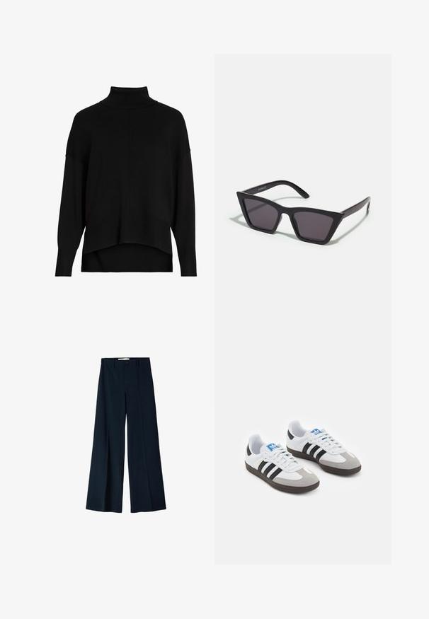 Pulover negru din tricot cu guler înalt, cu o croială lejeră, umeri căzuți, manșete cu jurământ și un design cu hem înalt și jos. Textură moale, detalii minime.; Pantaloni largi de culoare bleumarin, confecționați dintr-un material neted, cu două pliuri frontale și o închidere cu un singur buton la talie.; Încălțăminte sport cu un superior din piele albă, vârf din suede gri și trei dungi negre. Prezintă un logo albastru pe limbă și o talpă din cauciuc texturat.; Ochelari de soare negri, unghiulari, cu lentile gri; fabricați din plastic, având brațe groase cu o suprafață netedă și fără hardware vizibil.