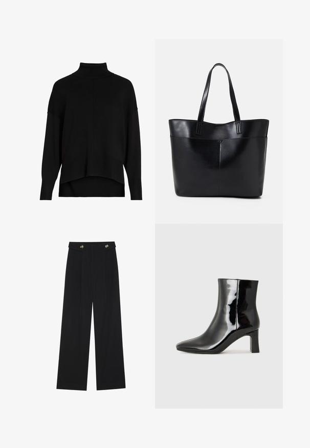 Svart strikket turtleneck genser med løs passform, senkede skuldrer, ribbestrikkede mansjetter og design med høy-lav nederkant. Myk tekstur, minimal detaljering.; Svart vide bukser med høy midje, knappdetaljer på midjebåndet og frontplisser.; Sorte patentlær ankle boot med spiss tå og en mellomhøy blokkhelt. Glatt tekstur og minimalistisk design.; Svart lær toteveske med to lange håndtak, en glatt tekstur og en strukturert form. Har en frontlomme for ekstra oppbevaring.