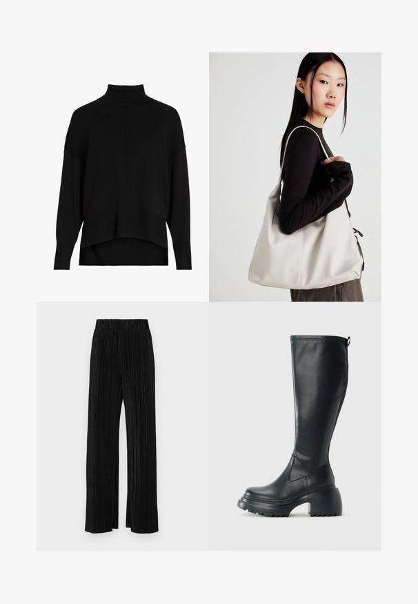 Pulôver de malha preto com gola alta, corte solto, ombros caídos, punhos canelados e design de bainha assimétrica. Textura suave, detalhes mínimos.; Calças pregueadas pretas com uma cintura elástica. Apresentam pernas largas e um tecido liso, texturizado com riscas verticais.; Bota preta de couro alta com sola de plataforma robusta e salto bloco, apresentando puxador e padrão texturizado na sola.; Uma bolsa bege feita de material macio, com um design descontraído, detalhes de costura e duas alças para o ombro. Adequada para uso diário.