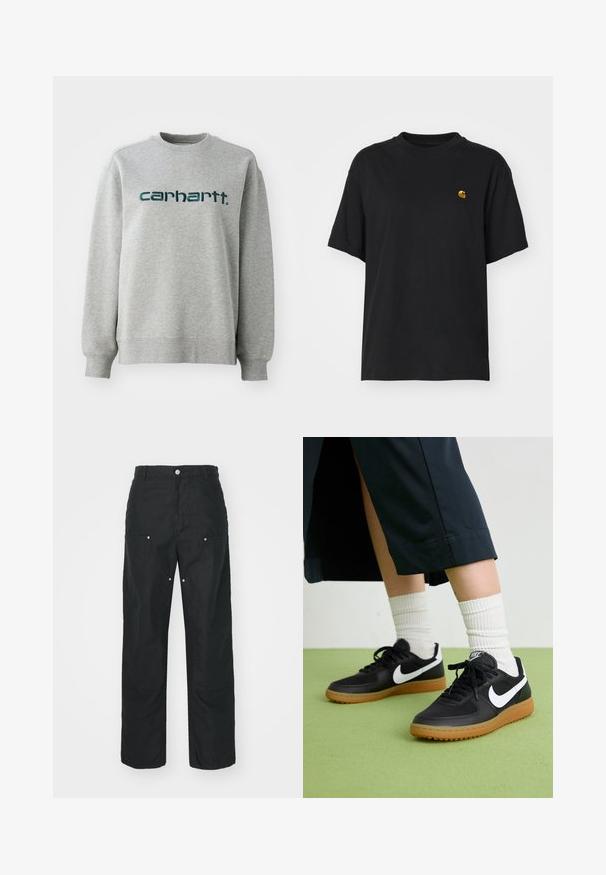 Siva dukserica od pamučne mješavine, s okruglim izrezom i rebrastim manžetama. Ispred se nalazi prikazani logo u tamnozelenoj boji preko prsnog dijela.; Crna pamučna majica s opuštenim krojem. Ima okrugli izrez i kratke rukave. Sadrži mali zlatni izvezeni logo na prsima.; Crne hlače ravnog kroja, napravljene od teksturirane tkanine. Sadrže dekorativne srebrne detalje i jedinstveno obrubljene šavove.; Crne kožne i sintetičke tenisice s bijelim Nike swooshom, gumeni potplat, okrugli vrh i crne vezice. Vidljive rebraste bijele čarape.