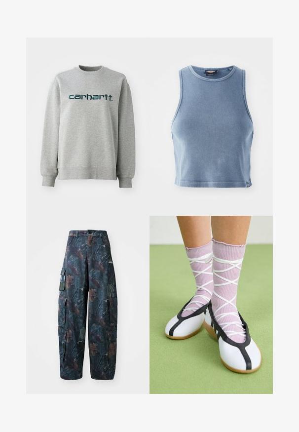 Grijze sweater gemaakt van een katoenmix, met een ronde hals en geribbelde manchetten. Logo in donkergroen over de borst weergegeven.; Lichtblauw geribbelde crop top met een ronde halslijn en mouwloos ontwerp. Gladde textuur en een klein logo detail aan de zoom.; Camo cargobroek in donkergroen en bruin, met meerdere zakken en een losse pasvorm, gemaakt van lichtgewicht, duurzaam materiaal.; Witte platte schoenen met een zwarte bies en zool, gecombineerd met lichtpaarse geribde sokken met witte kruislings banden. Geplaatst op een groene achtergrond.