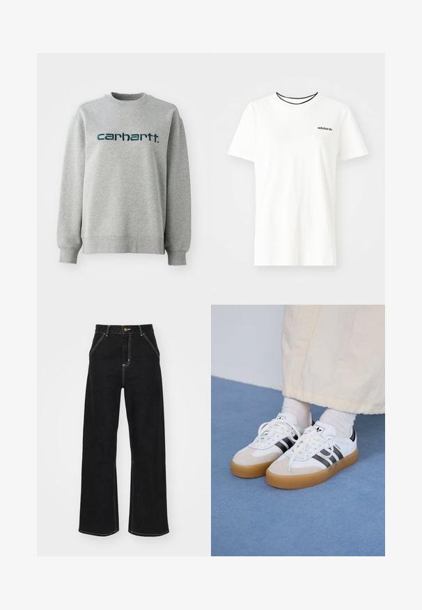 Pelēks džemperis, kas izgatavots no kokvilnas maisījuma, ar apaļu kakla izgriezumu un ribotām piedurknēm. Tumši zaļa logotipa apdruka krūšu rajonā.; Balta kokvilnas T-krekls ar īsām piedurknēm un apļveida kakla izgriezumu. Piedāvā melnu Adidas logotipu uz krūtīm un kontrastējošu melnu iekšējo apkakli.; Melnas platajās biksēs, kas izgatavotas no denima, ar kontrastējošas baltas šuves un priekšējo pogu aizdari, kā arī divām slīpajām priekšējām kabatām.; Baltas sporta apavi ar melnām svītrām un beisīgo zamšādu akcentiem. Ievies struktūrētu gumijas zoli un izkārtotas baltas šnerves, valkāti ar gaišiem zeķēm.