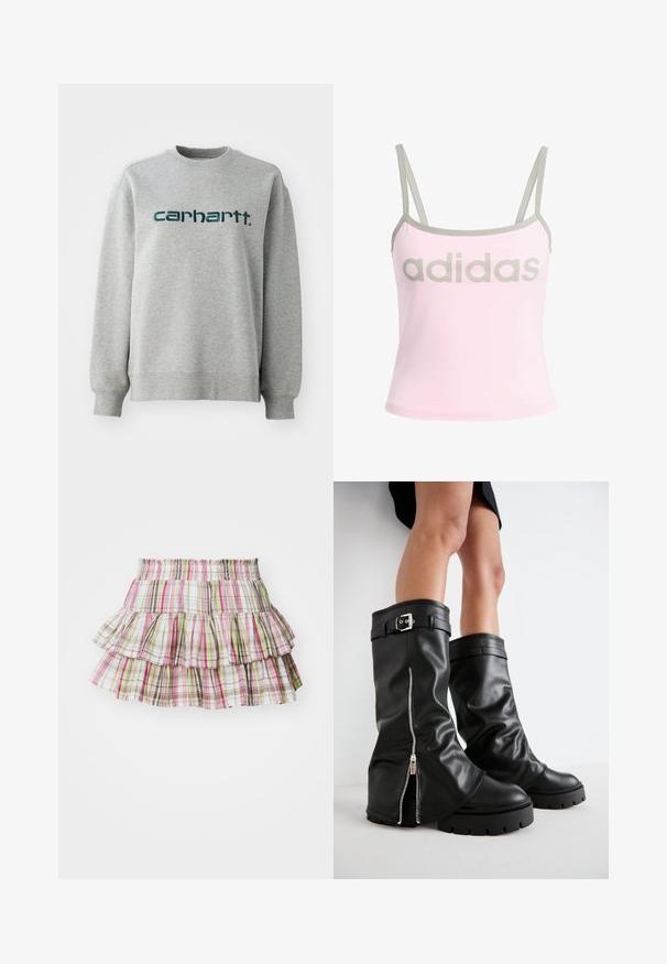 Gray sweatshirt made of cotton blend, featuring a crew neck and ribbed cuffs. Displayed logo in dark green across the chest.; Light pink tank top with gray trim and adjustable spaghetti straps, featuring a large, centered gray "adidas" logo. Cotton material.; Plissetted skirt with an elastic waistband, featuring a plaid pattern in pink, green, and brown hues. Lightweight cotton material.; Black leather knee-high boots with a wide shaft, featuring a side zipper and buckle accent, textured finish, and chunky rubber sole.
