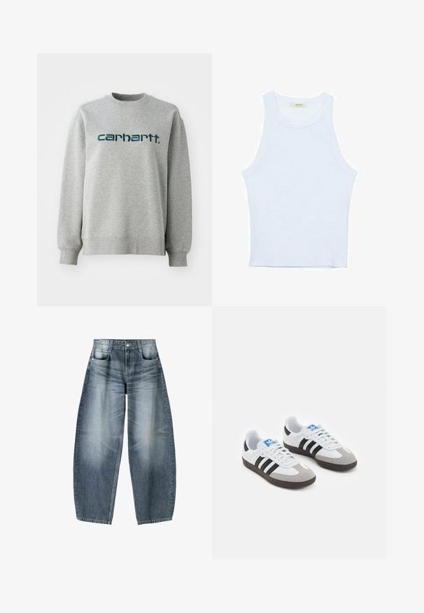 Sivá mikina vyrobená z bavlnenej zmesi, s bežným výstrihom a rebrovanými manžetami. Zobrazené logo v tmavozelenej farbe na hrudi.; Biele tielko, rebrový textúra, okrúhly výstrih, bezrukávový dizajn, priliehavý strih, diskrétne logo na štítku vo vnútri oblasti goliera.; Džínsy s širokými nohavicami vyrobené z svetlomodrého denim materiálu s opotrebovaním, s piatimi vreckami, zapínaním na gombík a minimálnym prešívaním.; Športové topánky s bielym koženým zvrškom, šedou semišovou špičkou a tromi čiernymi pruhmi. Obsahujú modré logo na jazyku a štruktúrovanú gumovú podrážku.