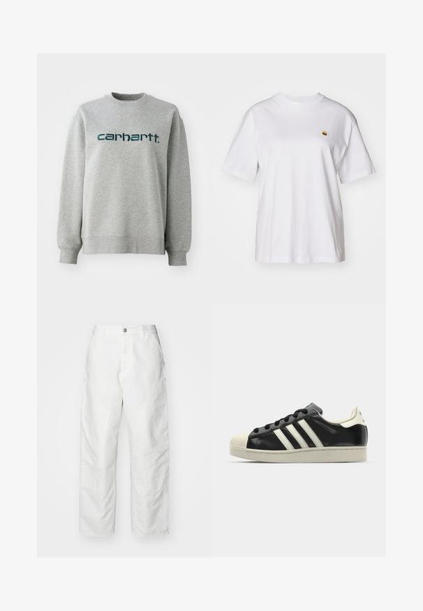 Hallitus hall töötav puuvillasegu, millel on ümar kaelus ja ribaga mansetid. Tume roheline logo on rinnal.; Valge puuvillane T-särk, millel on lõdva lõikega, lühikesed varrukad ja väike broderi logo vasakul rinnakarpi.; Valged teksapüksid, millel on lõdvema lõikega, küljetaskud ja silmapaistvad õmblused. Ees on ühtlane, nööbiga sulgemine.; Must have nahkased mustad tossud valgete triipudega, kummist varbakattega, mustade paeltega ja kreemika värvusega tallaga. Sile tekstuur ja läikiv viimistlus.