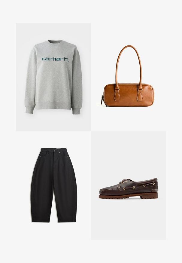 Grå sweatshirt lavet af bomuldsblanding, med rund hals og ribbede manchetter. Påtrykt logo i mørkegrøn over brystet.; Sorte vidde bukser lavet af bomuld, med høj talje, fem lommer og metalknaplukning. Glat tekstur uden synlige mønstre.; Brune læder bådsko med gyldne øjer, runde snørebånd og en struktureret brun gummisål. Har quiltede detaljer og et forhøjet logo.; Brun læderhåndtaske med to lange håndtag, rektangulær form, glat overflade, lynlås-lukning og hardware accenter i sølvfarve.