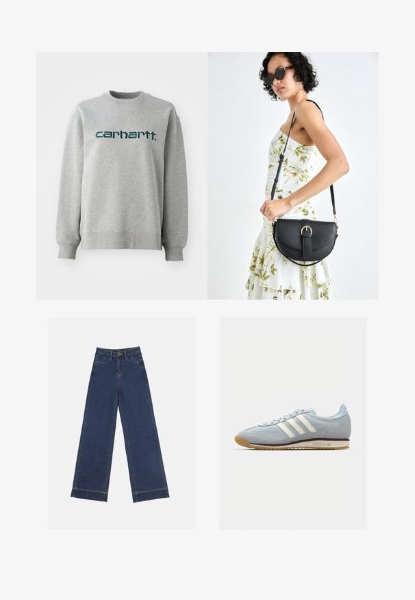 Grijze sweater gemaakt van een katoenmix, met een ronde hals en geribbelde manchetten. Logo in donkergroen over de borst weergegeven.; Wide-leg jeans in donkerblauwe denim. Voorzien van vijf zakken, riemlussen en een rauwe zoom onderaan met zichtbare stikseldetails.; Lichtblauwe suède sneakers met witte drie streepen, rubberen zool en textuur-mesh. Voorzien van een gladde neuskap en branding op de hak.; Zwarte leren handtas met een gebogen vorm, afneembare schouderband en gouden hardware. De tas heeft een klep met een gespsluiting.