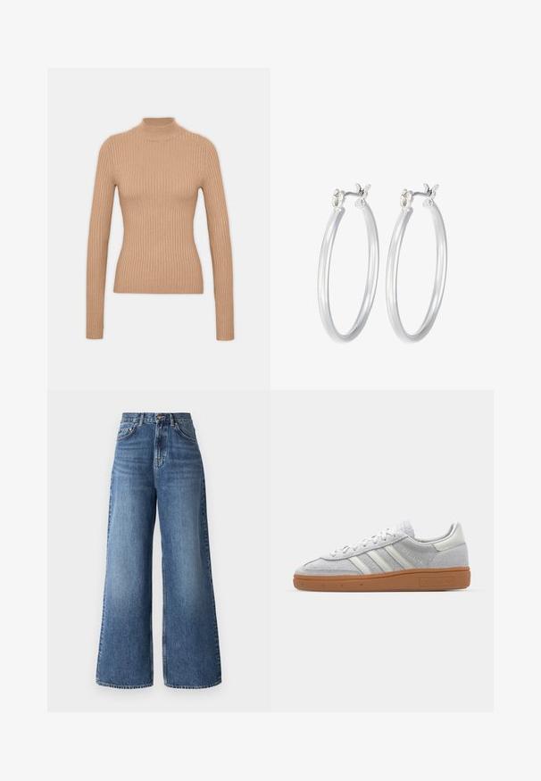 Bežinis raukšlėtas megztinis su ilgomis rankovėmis, prigludusio dizaino, minkštos tekstūros ir aukštu apykakle.; Šviesiai mėlynos džinsinės kelnės su aukštu liemeniu ir plačiomis kojomis, turinčios klasiką penkių kišenių dizainą ir švelnų blukimą palei kojas.; Šviesiai pilki zomšiniai sportbačiai su baltais odiniais akcentais, trimis baltomis juostelėmis ir rudą guminę pada, turintys paminkštintą apykaklę patogumui.; Sidabriniai auskarai su sklandžiu, poliruotu paviršiumi. Apvalios formos ir saugus uždarymo mechanizmas. Lengvas dizainas, tinkantis kasdieniam dėvėjimui.