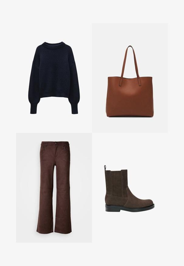 Maglione lavorato a maglia blu navy con un motivo diagonale testurizzato e un ampio scollo a barca, caratterizzato da spalle scese e polsini a costine.; Pantaloni a palazzo marroni in un tessuto morbido simile al suede. Presentano quattro tasche, una chiusura con bottone e una superficie liscia e testurizzata.; Stivali alla caviglia in suede marrone con punta arrotondata, pannelli laterali elasticizzati e retro testurizzato. Presentano una suola piatta in gomma e un pull tab.; Borsa tote in pelle marrone con texture liscia, design con apertura superiore e due spallacci. Presenta cuciture minime e nessun hardware visibile.