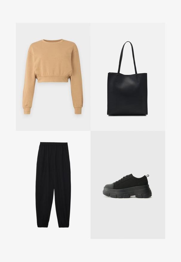 Sweatshirt curto em castanho claro, feito de tecido suave. Apresenta mangas longas, um decote arredondado e um elástico discreto nas mangas e na bainha.; Calças pretas, leves, com um cinto elástico e punhos franzidos. O tecido é suave e apresenta um design relaxado e afunilado.; Sneakers pretos com sola de borracha robusta, parte superior de tecido texturizado, bico redondo e design de atacadores. Apresenta ilhós reforçados e uma alça na parte posterior.; Bolsa tote preta em couro com textura lisa, forma retangular e duas alças longas. Sem hardware ou enfeites visíveis.