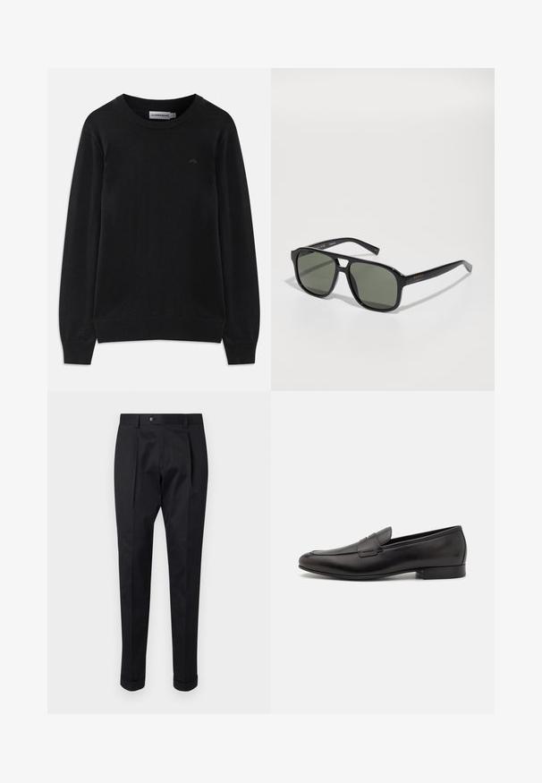 Melns garām piedurknēm kreklu ar apaļu izgriezumu, ar ribota veida piedurknēm un apakšmalu, kam ir neliels, diskrēts logs kreisajā krūtī.; Melni bikses, izgatavotas no gludas auduma, ar uzkāpes priekšpusē, pogu aizdari un velkot piegriezumu pie potītes.; Melnas ādas loafers ar elegantu dizainu, noapaļotu purngalu un zemu kaudzes papēdi. Iezīmē dekoratīvu diega šuvumu augšējā daļā.; Melni taisnstūrveida saulesbrilles ar zaļiem stikliem, spīdīga apmale, metāla detaļas un zelta logotipa akcents uz tempļa.
