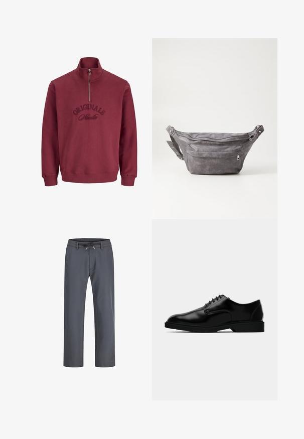 Burgunderröd zip-up sweatshirt med hög krage, ribbade mudd och broderad text "Originals Studio" framtill. Mjuk, texturerad tyg.; Grå byxor med elastisk midja och snöre. Rakt ben-design, tillverkade av slät tyg, har minimal sömnad och ingen synlig hårdvara.; Svart läderklänning sko med en jämn yta, rund tå, snörning och diskret gummisula för bättre grepp.; Grå mockafjällsryggsäck med rundad form, två fickor med dragkedja och justerbart bälte. Har metallackenter som detaljer.