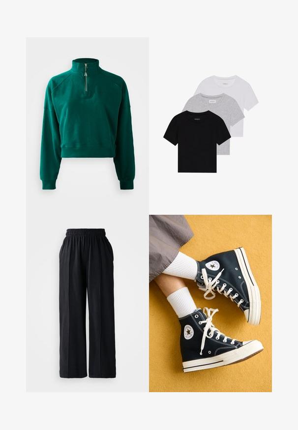Tumedas rohelises toonis crop-sweatshirt, millel on pooltõmbe kaelus, soonikud käiste otsas ja pehme tekstuur. Rinnal tikandiga logo.; Kollektsioon kolm lühikese varrukaga T-särki mustas, hallis ja valges värvitoonis. Valmistatud puuvillast, ümmarguse kaelusega ja lihtsa, ühevärvilise disainiga.; Mustad laiad püksid elastse vöökohtaga, valmistatud pehmest kangast, millel on sile tekstuur ja puhas disain.; Mustad mustad kanvas sneakerid valgete paelte ja kummitaldadega, millel on ümmargune Converse All Star logo välisküljel.