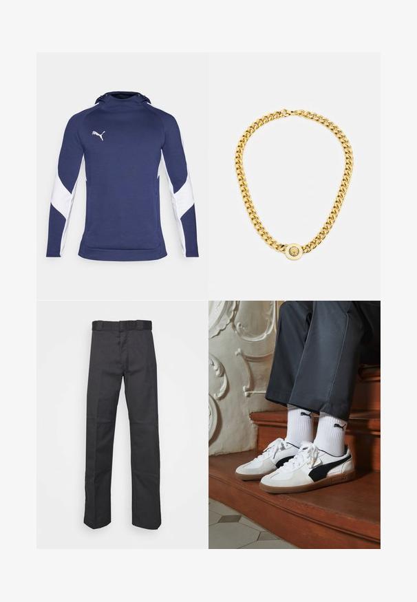 Marineblauwe sporthoodie met witte zijpanelen, met een hoge kraag en een trekkoord. Logo in het wit op de linkerborst.; Zwarte broek van duurzaam materiaal, met een rechte pijpdesign, een tailleband met riemlussen en naden voor extra textuur.; Puma sneakers in wit en zwart suède, met een bruine rubberen zool. Gecombineerd met witte sokken met een zwart logo, gedragen met donkere broek.; Gouden ketting met grote onderling verbonden schakels, met een ronde hanger in het midden met een verhoogd embleem.
