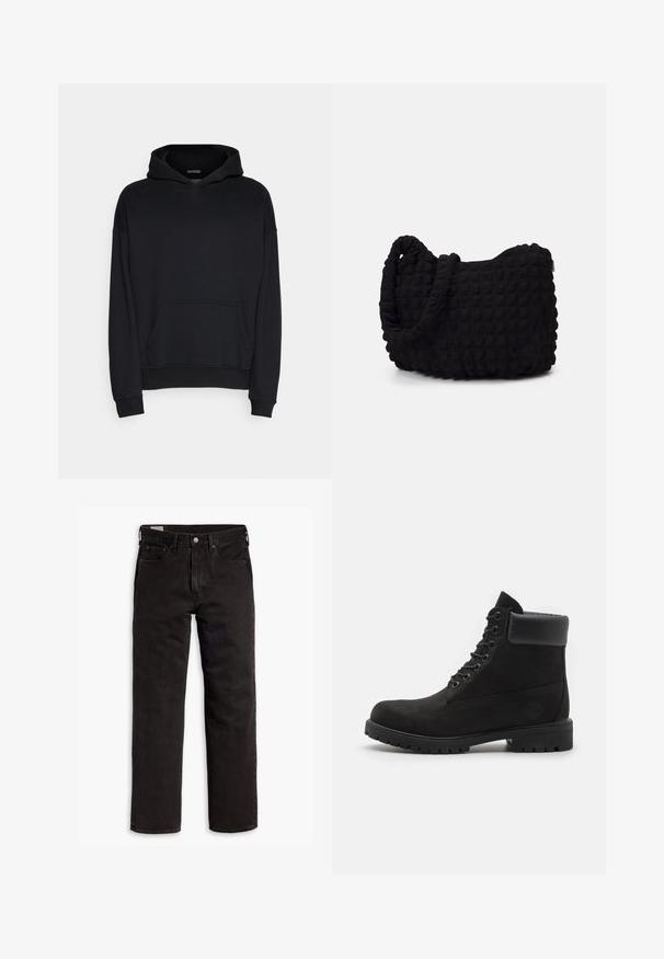 Juodas džemperis pagamintas iš medvilnės ir elastano mišinio. Turi erdvų priekinį kišenę, paruoštas rankoves ir reguliuojamą kapuchoną. Sklandus paviršius.; Juodos tiesios kojų džinsinės kelnės su penkiomis kišenėmis, mygtuko užsegimu ir diržo kilpomis, išdėstytos plokščiai ant balto fono.; Juodi aulinukai su raišteliais, su paminkštintu apvadu ir tvirtu padu, rodomi profiliu prieš baltą foną.; Juodas audinio maišelis su tekstūruota, siuvinėta raštu. Apvalios formos, trumpi, stori rankenėlės ir minkšta, lanksti struktūra.