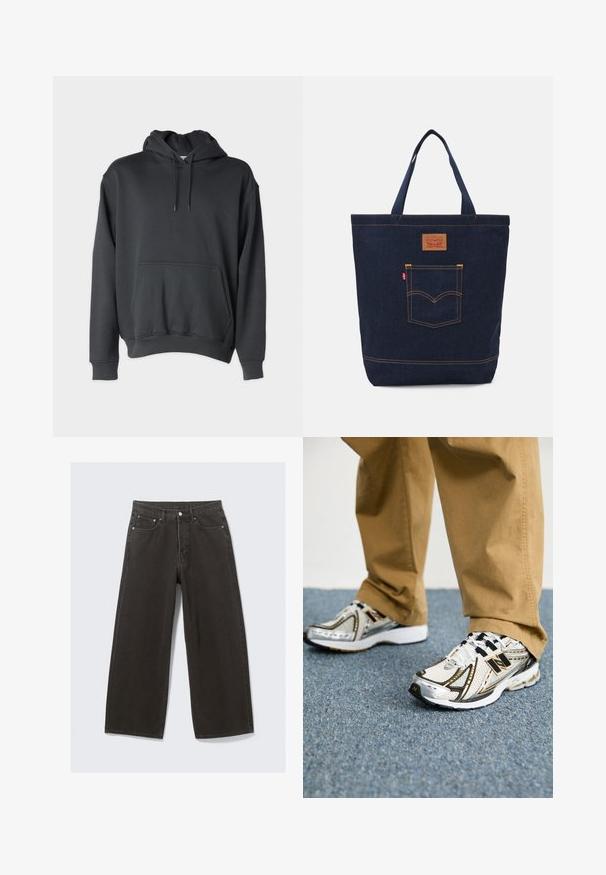 Tumehallist pehmest kangast kapuutsiga dressipluus, millel on ees tasku, kapuutsi stringid ning soonikkoes varrukad ja alläär.; Valge puuvillane T-särk lühikeste varrukatega, ümmarguse kaelusega ja esiküljel heledas toonis peen "Levi's" logo.; Laiad mustad teksad omavad kõrge vöökoha, viit taskut ja nööbiga sulgemist. Kangas on pehme ja tekstuuriga viimistlusega.; Valged ja hõbedased New Balance'i spordijalatsid mustade aktsentide ja paeltega, millel on võrgust pealmine osa, pehmendusega tallad ja dünaamiline disain.; Tume sinine teksakott kahe käepidemega, nähtavate õmblustega ning esiküljel klassikalise logo plaastriga tasku.
