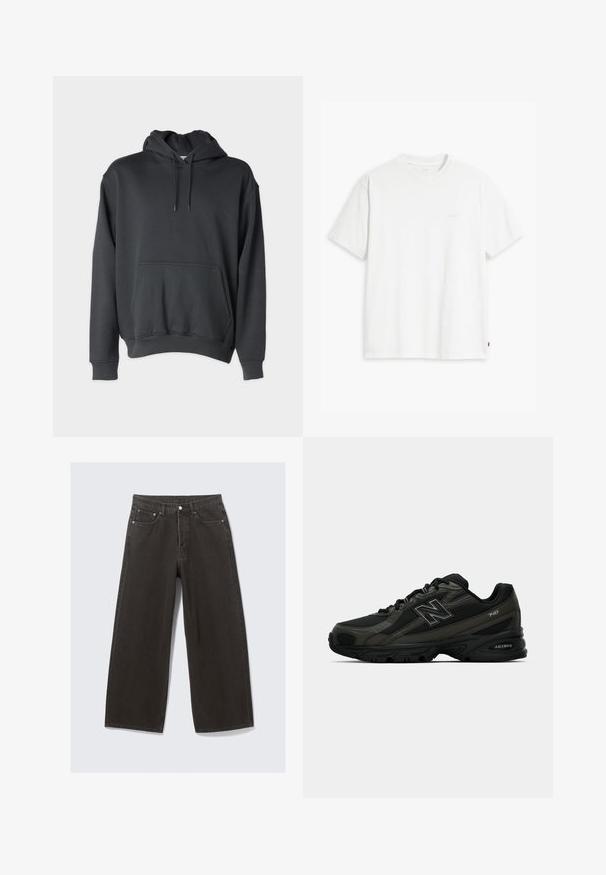 Tmavě šedá mikina s kapucí vyrobená z měkké látky, s přední kapsou, šňůrkami na kapuci a ribbed manžetami a zakončením.; Bílá bavlněná tričko s krátkými rukávy, klasickým výstřihem a decentním logem Levi's vytištěným uprostřed. Měkká textura a standardní střih.; Černé džíny s širokými nohavicemi vyrobené z denimu. Mají standardní pas, pět kapes a kovové detaily. Prošívané švy podél švů.; Černé sportovní boty se strukturovaným syntetickým svrškem, které mají polstrovanou podrážku a výrazné logo "N" na boku. Design zahrnuje lehké síťované sekce.