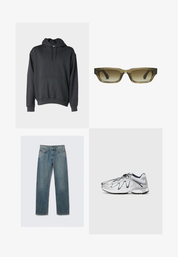 Haut à capuche gris foncé en tissu doux, avec une poche avant, des cordons de serrage à la capuche, et des poignets et un ourlet côtelés.; Jean en denim droit bleu avec poches avant et poches à monnaie, passants de ceinture et fermeture à bouton en métal sur fond uni.; Baskets de sport blanches avec une tige en mesh, accents noirs, semelle en caoutchouc texturée et système de laçage élastique. Légères avec un design moderne.; Lunettes de soleil à dégradé marron avec une forme rectangulaire, des montures épaisses et robustes, et des branches noires. Le matériau transparent marron ajoute de la dimension.