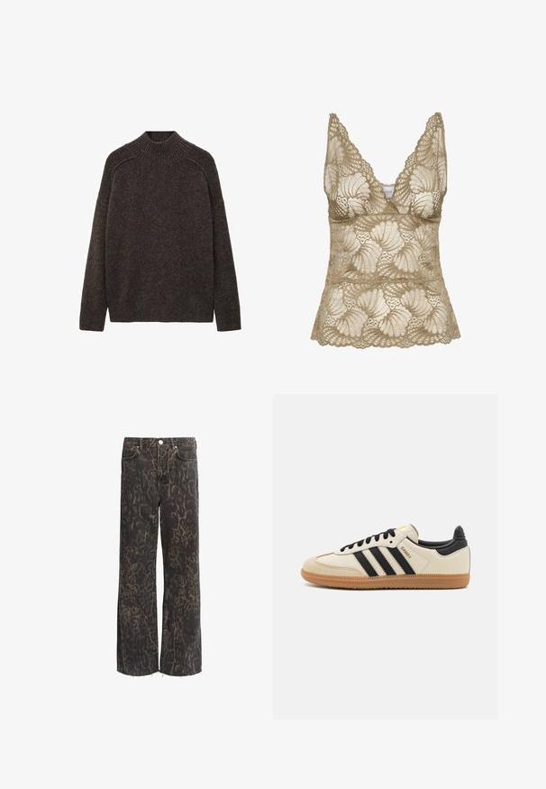 Brauner, gestrickter Pullover mit hohem Kragen, senkten Schultern und entspannter Passform. Weiche Textur und gerippte Details am Kragen und an den Schultern.; Beige Spitzen-Camisole mit V-Ausschnitt, mit gewellten Kanten und floralem Muster. Weicher Stoff mit feinen Details.; Schwarze Schlagjeans mit Leopardenmuster, aus Denim gefertigt, mit rohem Saum und silbernen Knopf-Elementen. Zwei Fronttaschen.; Beige Sport Schuh mit schwarzen Streifen, Gummisohle und schwarzen Akzenten. Verfügt über ein Obermaterial aus glattem Leder und ein rundes Zehendesign.
