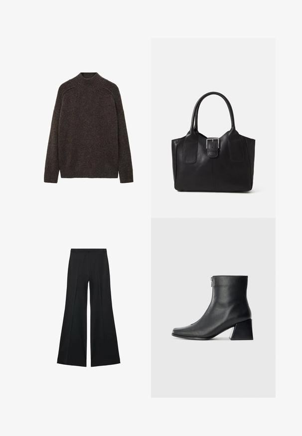 Brown, knitted sweater with a high neck, drop shoulders, and a relaxed fit. Soft texture and ribbed details at the neckline and shoulders.; Black wide-leg pants with a smooth texture, featuring front pleats and a tailored design. The fabric is lightweight and flowy.; Black leather ankle boot with square toe, side zipper, and block heel against plain light background.; Black leather tote bag with smooth texture, structured shape, two handles, and a prominent silver buckle detail on the front.