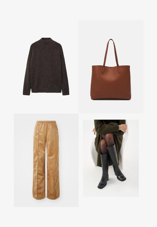 Pulover tricotat, maro, cu guler înalt, umeri lăsați și croială lejeră. Textură moale și detalii striate la guler și umeri.; Pantaloni largi de culoare bej, realizati dintr-un material moale si catifelat. Dispun de un tiv elastic și cusături verticale pe față pentru un detaliu adăugat.; Cizme din piele neagră, până la genunchi, cu vârf pătrat și toc bloc, prezentate pe un model așezat într-o haină verde măsline. Textură netedă, detalii minime.; Geantă de umăr din piele maro cu o textură netedă, design cu vârf deschis și două curele pentru umăr. Prezintă cusături minime și fără componente metalice vizibile.