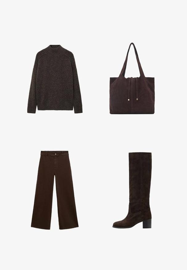 Brun, stickad tröja med hög hals, sänkta axlar och avslappnad passform. Mjuk textur och ribbade detaljer vid kragen och axlarna.; Bruna breda byxor i bomullsblandning med fransar vid fållen, framknäppning och klassisk femfickdesign. Minimalistiska och mångsidiga.; Brun mockask knee-high stövel med fyrkantig tå och blockklack. Slätt material och minimal sömnadsdetalj på utsidan.; Mango Shoppingväska - dark brown