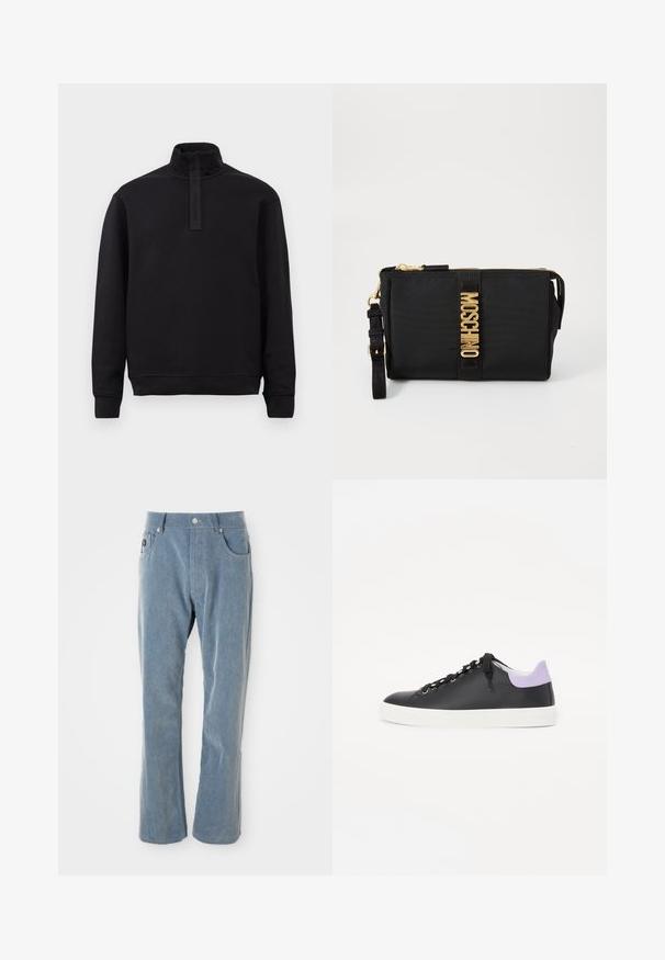 Černý dlouhý rukáv pulovr s vysokým límcem a krátkým zipem, s žebrovanými manžetami a dolním lemem, vystavený na jednobarevném světlém pozadí.; Světle modré kordové kalhoty s knoflíkovým a zipovým zapínáním, předními kapsami a rovnými nohavicemi na bílém pozadí.; Černé kožené tenisky s bílou gumovou podešví, mají černé šňůrky, stříbrné očky a světle fialový akcent na patě.; Černá nylonová kabelka s zlatými doplňky, se středovým logem. Obsahuje odnímatelný popruh a zipové uzavření pro bezpečné používání.
