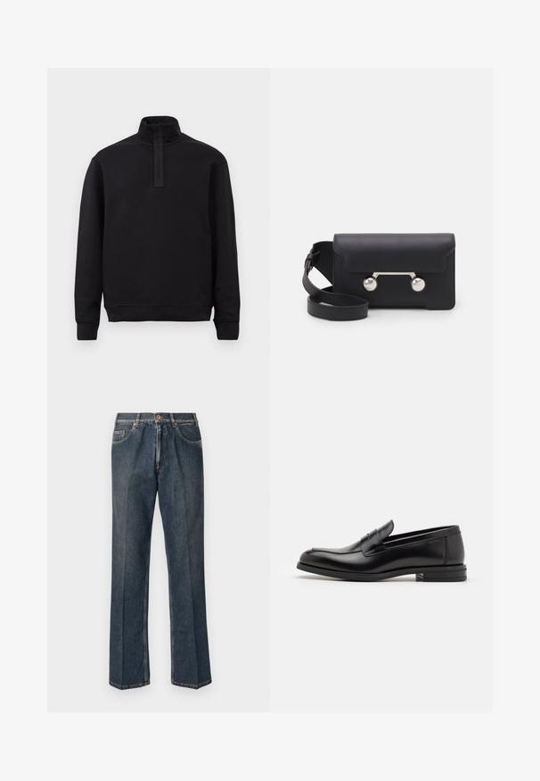 Must musta varrukatega pullover kõrge kraega ja lühikese tõmbluku plaaniga, soonikkoes mansetid ja alläär, esitatud lihtsas heledas taustas.; Tumedast sinised sirged teksapüksid, millel on ees nupp, tõmblukk, kaks eesmist taskut ja nähtavad vertikaalsed kortsud pükste jalgu pidi.; Mustad mustad nahast loafers sileda tekstuuriga, ümarat ninaosa ja dekoratiivne riba vampi üle. Madal kihiline konts, minimalistlik disain.; Must со хsaid crossover kottiga black nahka, mis on varustatud klapiga sulgemisega, hõbedased detailid ja kaks ümmargust aksessuaar. Omab eemaldatavat rihma. Sile tekstuur.