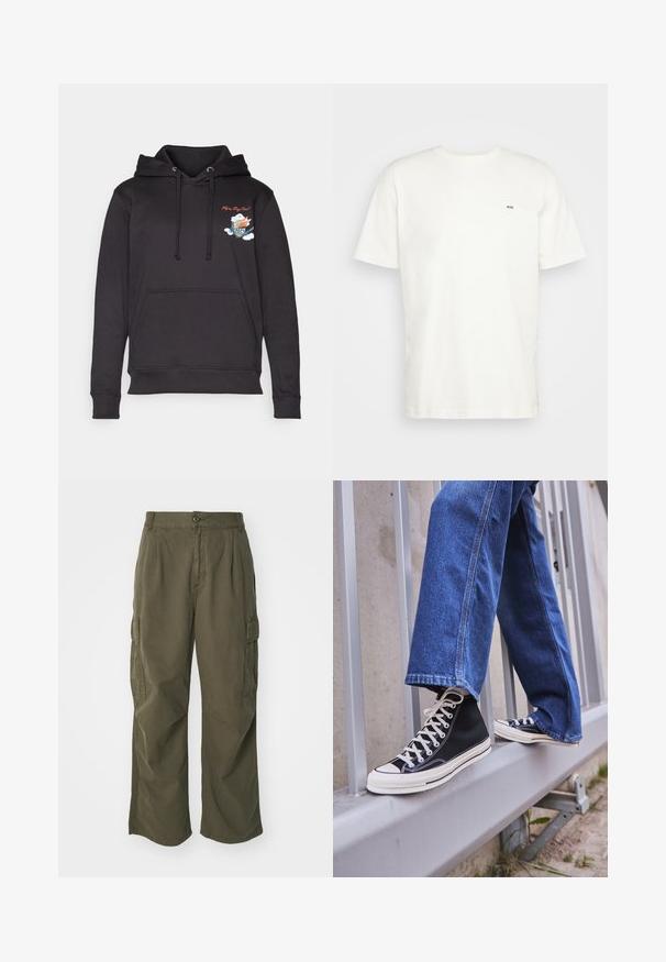 Felpa nera in cotone, dotata di tasca frontale, cappuccio con cordino e grafica ricamata con nuvole e testo sul petto.; T-shirt bianca in cotone con scollatura rotonda, maniche corte e un piccolo logo nero "W.W." sul lato sinistro del petto. Tessuto liscio, vestibilità regolare.; Pantaloni cargo in verde oliva, realizzati in cotone, con un design a gamba larga, pieghe e tasche laterali per utilità.; Scarpe da ginnastica nere alte con suola e lacci bianchi, abbinate a jeans di denim blu larghi, appoggiate su un parapetto grigio.