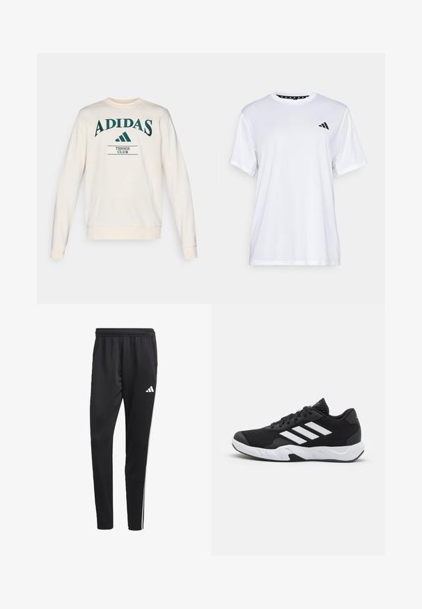 Krémová mikina s okrúhlym výstrihom, so zeleným nápisom "ADIDAS" a "TENNIS CLUB" pod ním, so žebrovanými manžetami a rovnými lemami.; Biely športový tričko s krátkymi rukávmi, vyrobené z materiálu, ktorý odvádza vlhkosť. Má čierne logo na ľavej hrudi a vzorovaný vnútorný golier.; Čierne športové nohavice s elastickým pásom, bielymi bočnými pruhmi a malým bielym logom na stehne. Vyrobené z hladkého, ľahkého materiálu.; Čierne športové topánky s textúrovaným sieťovinovým zvrškom, bielymi akcentovými pruhmi, polstrovanou podrážkou a spevneným pätou pre podporu.