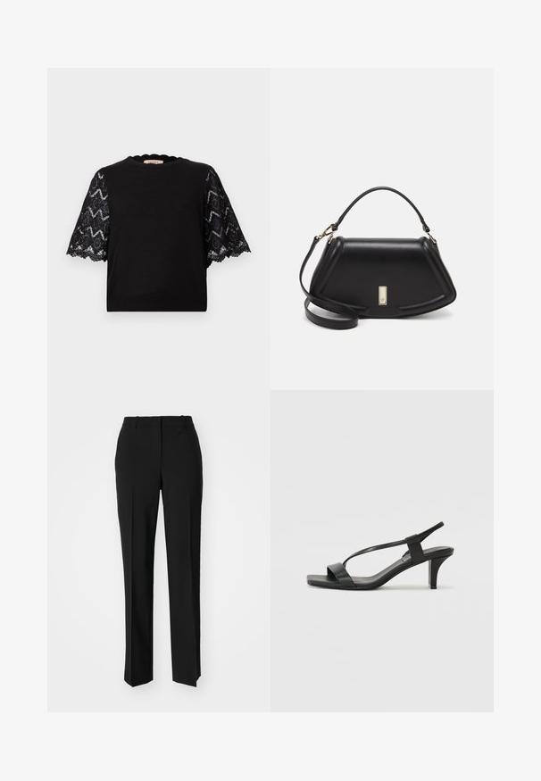 Zwart kortmouwen top met kanten mouwen met geometrische patronen, scalloped decolleté en geribbeld zoom. Over het algemeen een gladde stofstructuur.; Zwarte op maat gemaakte broek met een recht model, voorzien van een soepele textuur en scherpe plooien aan de voorkant. Geen zichtbare hardware.; Zwarte hoge sandalen met een slank bandontwerp, vierkante neus en een mid-height blokhak. Gemaakt van soepel leer met een matte afwerking.; Zwarte leren handtas met een gestructureerd ontwerp, featuring een verkorte vorm, bovenhandvat en gouden hardwareaccent. Inclusief verstelbare schouderband.
