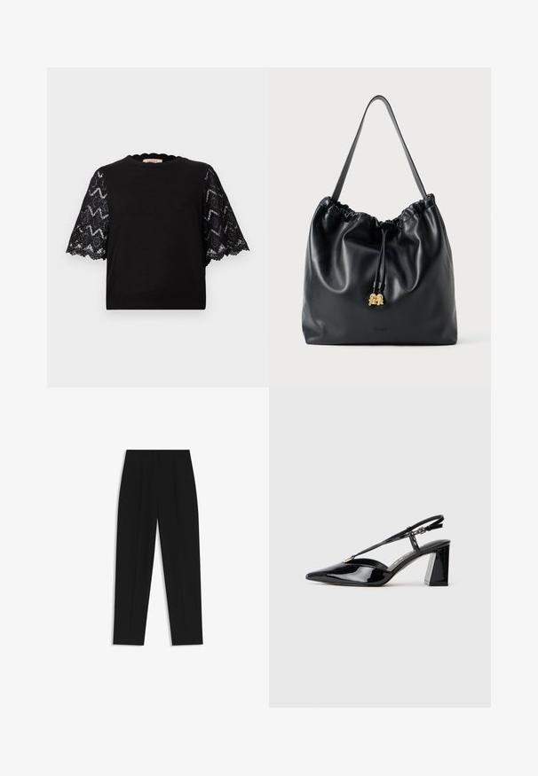 Schwarzes kurzärmliges Oberteil mit Spitzeneinsätzen in geometrischen Mustern, gewelltem Ausschnitt und geripptem Saum. Glatte Stoffstruktur insgesamt.; Schwarze Hose mit geradem Schnitt, doppelten Falten, einer glatten Textur und einem klassischen Bunddesign. Keine sichtbaren Beschläge oder Akzente.; Schwarze lackleder Slingback-High-Heels mit spitz zulaufender Zehenpartie, verstellbarem Riemen und klobigem rechteckigem Absatz.; Schwarze Lederzugtasche mit glatter Oberfläche, gerafftem oberen Teil und dezenten goldenen Hardware. Sie verfügt über einen stabilen Schulterriemen und ein geprägtetes Logo.