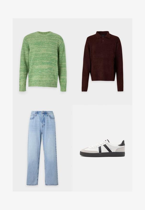 Jack & Jones JORWINTER SPACE - Džemperis - lima bean green; Brūns adīts džemperis ar polo apkakli, trīs pogām pie kakla un garām piedurknēm. Mīksta tekstūra, ribota apakšmala un piedurkņu gali.; Gai zilu džinsi ar taisnu piegriezumu, augstu vidukli, piecām kabatām un augšējo pogu aizdari. Iezīmēts ar izbalējušu mazgāšanu un kontrastējošu šuvju. ; Baltas sneakeris ar melniem un pelēkiem akcentiem, kuram ir teksturēts pelēks purngals, melna gumijas zole un plakanas baltas šņores. Tīrs dizains, minimālisma stils.