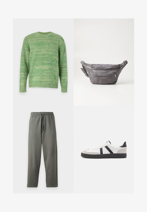 Jack & Jones JORWINTER SPACE - Pullover - lima bean green; Pantalons de jogging gris en tissu doux avec une taille élastique et un cordon de serrage ; coupe droite et détails de couture minimaux.; Baskets blanches avec des accents noirs et gris, présentant un embout texturé gris, une semelle en caoutchouc noir et des lacets plats blancs. Design épuré, style minimaliste.; Sac banane en suède gris avec une forme arrondie, deux compartiments zippés et une sangle réglable. Comprend des accents en métal.