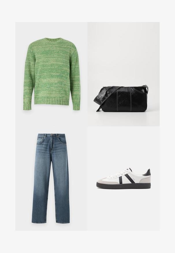 Jack & Jones JORWINTER SPACE - Svetrík - lima bean green; Džíny z modrej denimovej látky s rovným strihom a vyblednutým umývaním, s piatimi vreckami, kovovým gombíkom a pútkami na opasok. Pevná, stredne ťažká tkanina.; Biele tenisky s čiernymi a šedými akcentmi, s textúrovanou šedou špičkou, čiernou gumovou podrážkou a plochými bielymi šnúrkami. Čistý dizajn, minimalistický štýl.; Čierna kožená kabelka cez plece so zipsovým uzáverom, so štruktúrovaným telom, bielym prešívaním a popruhom so striebornými očkami.